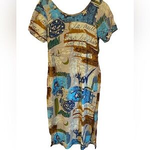 Jams World Les Chat Cat Stars Tan Blue Midi Vintage Dress Pockets Size Small